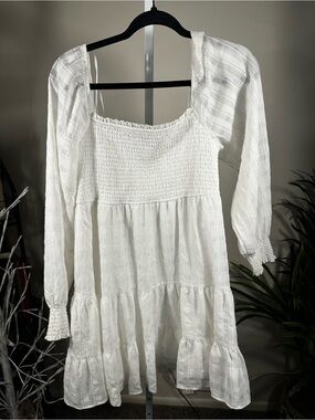 N175. Allison + Kelly White Smocked Tiered Long-Sleeve Mini Dress